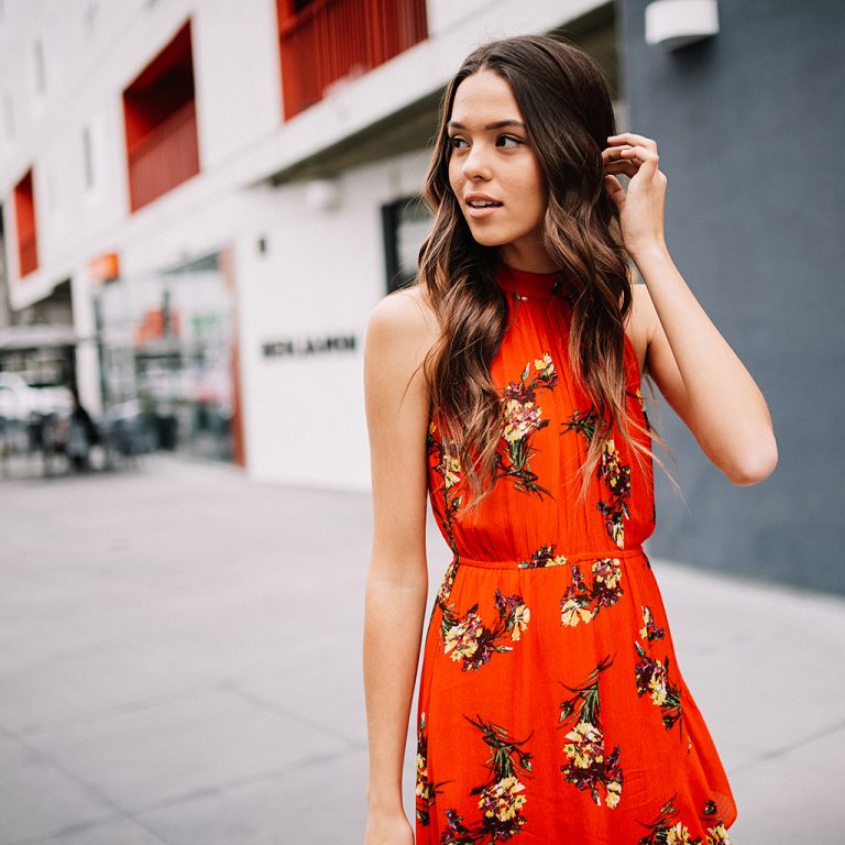 woman in red dress